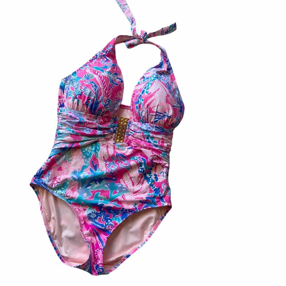 Lilly Pulitzer one piece swimsuit pink gold 12